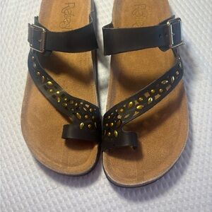 Refresh Boho Casual Black Sandals with Gold Stud Detailing Size 10 New